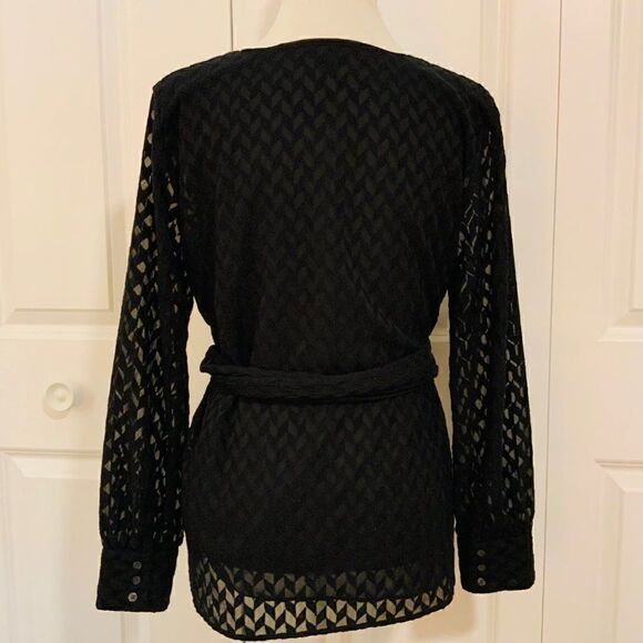 Ann Taylor Black Embroidered Chevron Semi Sheer Long Sleeve Belted Top Medium - Picture 6 of 12